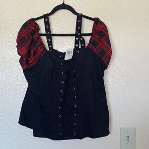 #HT338- NWT - Hot Topic Black Corset Top with Red Plaid Puff Sleeves- 1X